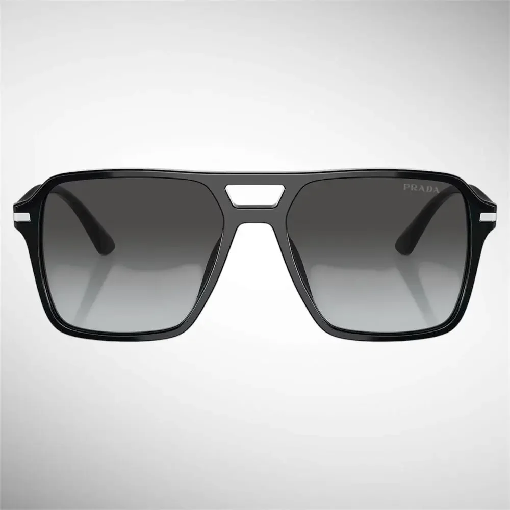 NEW PRADA Sunglasses Black Aviator Pilot 55-17mm Grey Lens Silver Logo - Picture 2 of 6